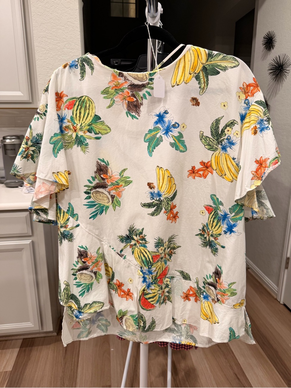 Zara Cream Tropical Fruit Print Ruffle Sleeve Blouse